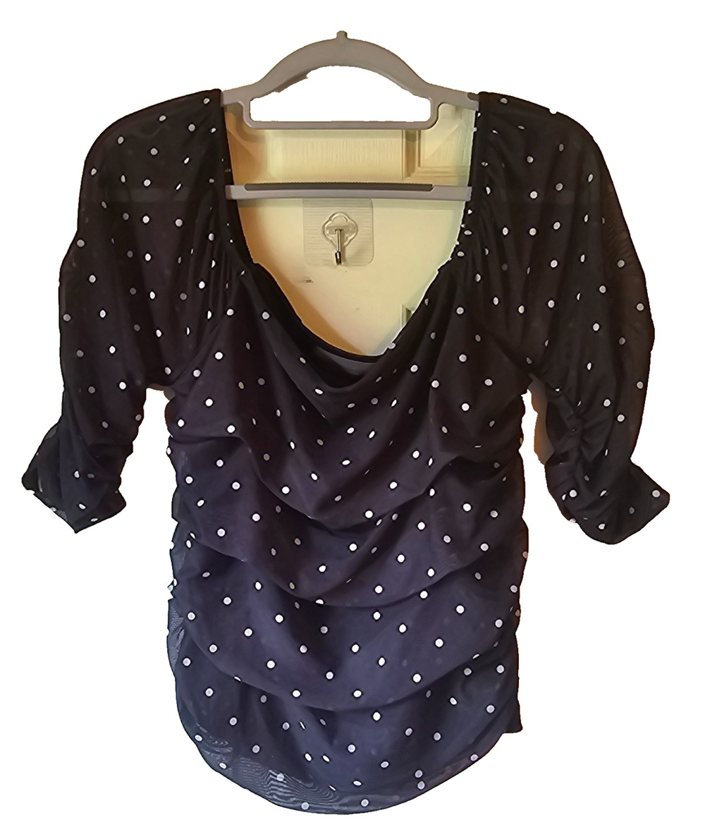 Leifsdottir Anthropologie Womens M Black Polka Dot Ruched Draped Blouse Top